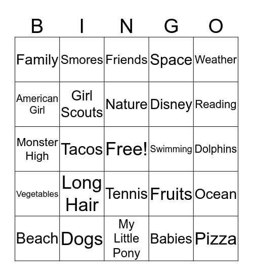 Ella's Favorite Things Bingo Card