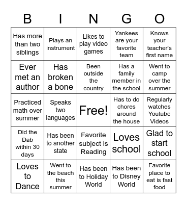 First Day of School Bingo Card