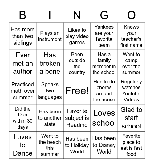 First Day of School Bingo Card