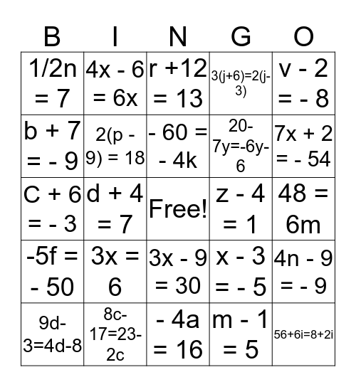 Equation Bingo Card