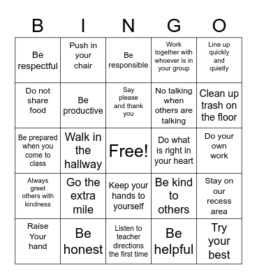 Classroom Expectations Bingo! Bingo Card