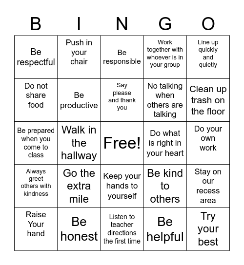 Classroom Expectations Bingo! Bingo Card