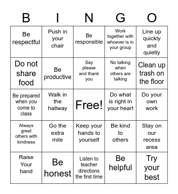 Classroom Expectations Bingo! Bingo Card