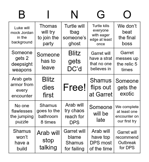 Day 1 Raid Bingo Card