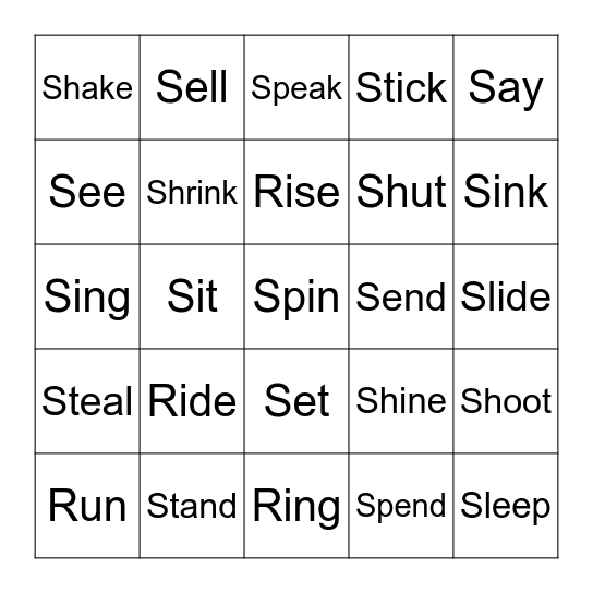 Irregular Verbs Bingo Card