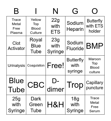 Phlebotomy Bingo Card