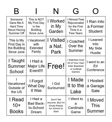 Summer Break Bingo Card