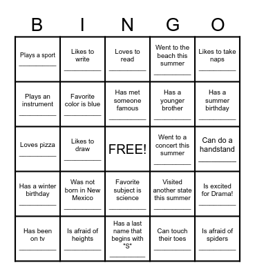 Getting to Know You Bingo Card