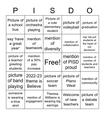 PISD Convocation Bingo Card