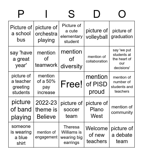 PISD Convocation Bingo Card