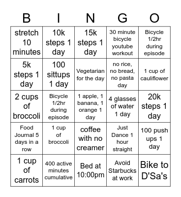 Weight loss bingo Card