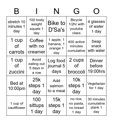 Weight Loss Bingo Card