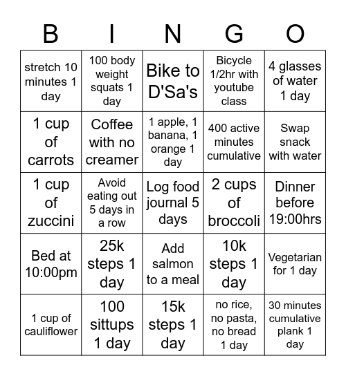 Weight Loss Bingo Card