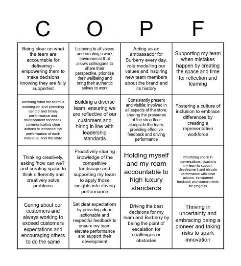 Leadership Standards Bingo! Bingo Card