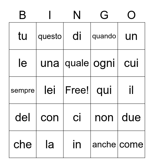 Italian Site Words Bingo Card
