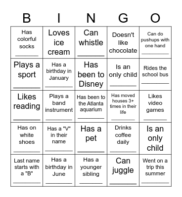 Middle School BINGO: Find someone who... Bingo Card