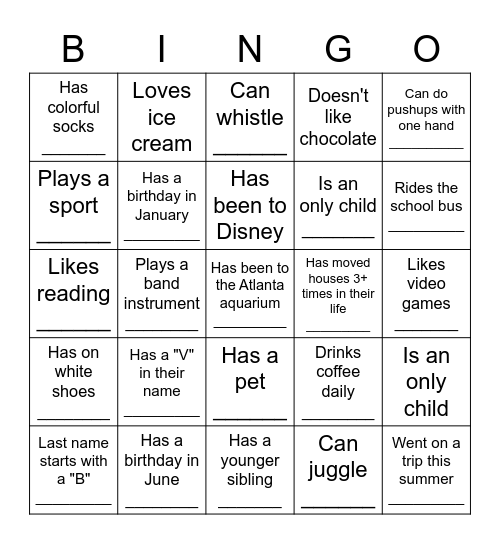 Middle School BINGO: Find someone who... Bingo Card