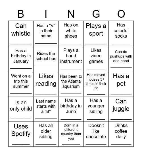 Middle School BINGO: Find someone who... Bingo Card