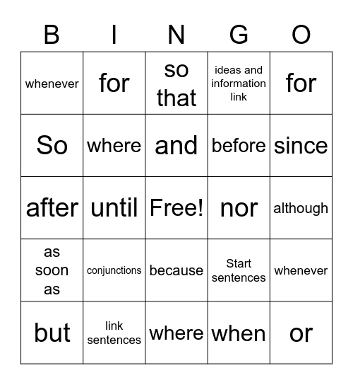 Conjunctions Bingo Card