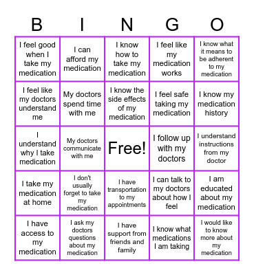 Medication Adherence Bingo Card
