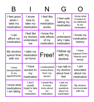 Medication Adherence Bingo Card