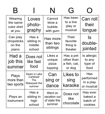First Day Theater Mixer! Bingo Card