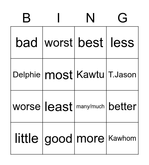 Week 11 Bingo, Class 2 Bingo Card