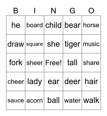 Phonics 5 words Bingo Card