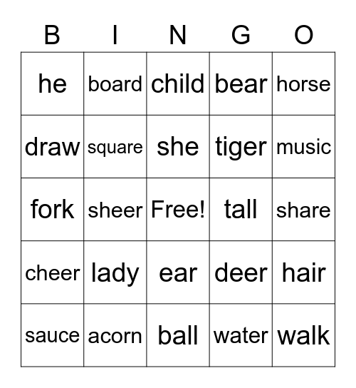 Phonics 5 words Bingo Card