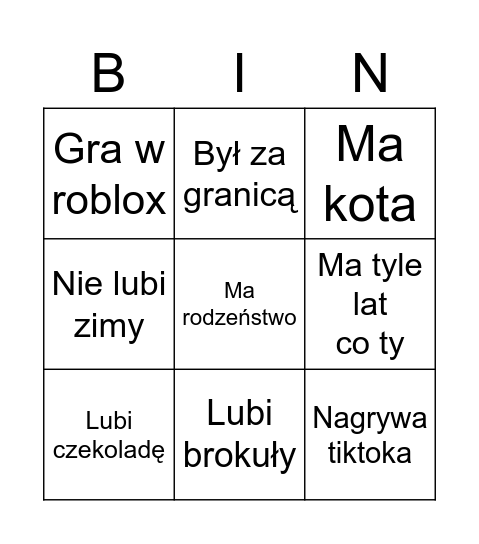 Znajdź kogoś kto Bingo Card