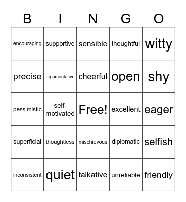 ADJECTIVES TO DESCRIBE PEOPLE Bingo Card
