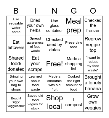 Food Waste Bingo Card