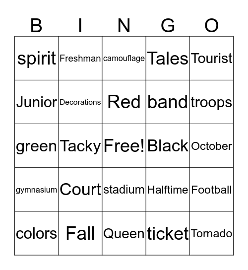 Homecoming Bingo Card