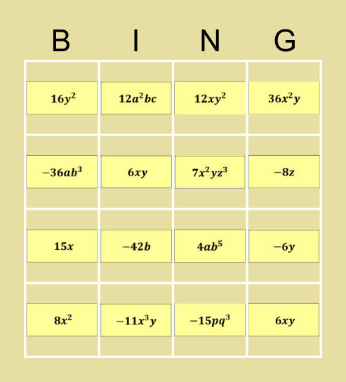 Math Bing Bingo Card