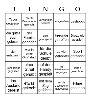 Was hast du in den Ferien gemacht? Bingo Card