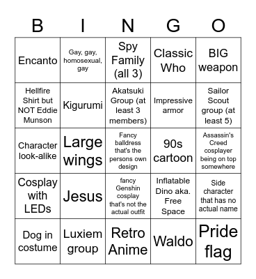 Cosplay Bingo Card