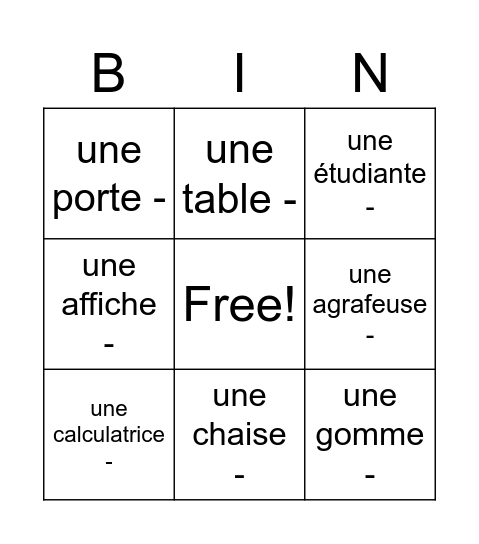 La Salle de Classe (f) Bingo Card