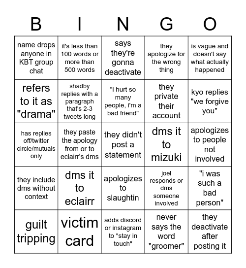 the T word apology bingo Card