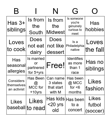 MCC Bingo Card