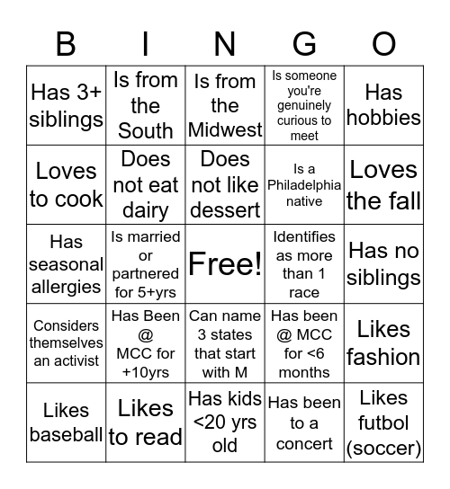 MCC Bingo Card