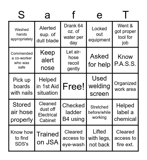 IMT Safety Bingo Card