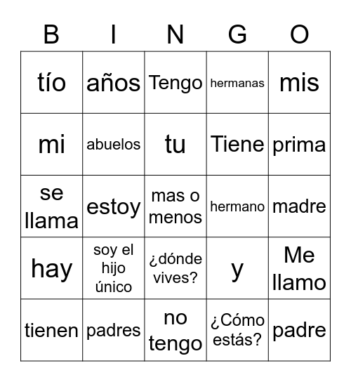 Family Speech Vocabulary Bingo Card
