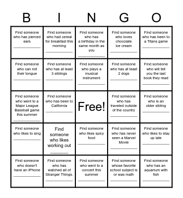 Find a Friend Bingo Card