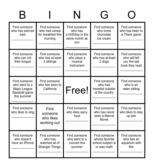 Find a Friend Bingo Card