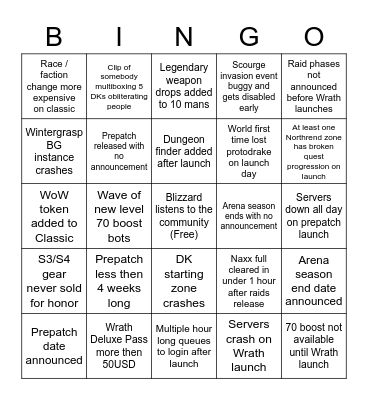 Wrath of the Lich Meme 2022 Bingo Card