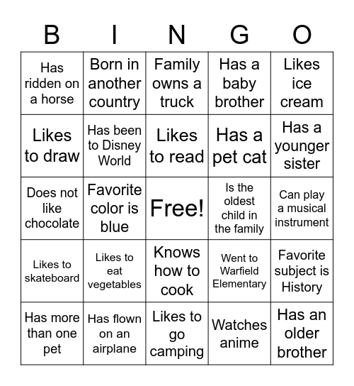 Classmate Bingo Card