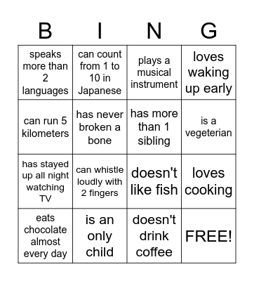 Ice Breaker Lesson 1 Bingo Card