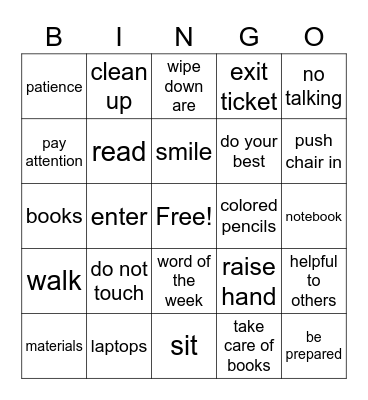 Back to School Bingo Card