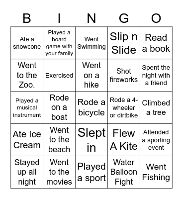 Summer Activities Bingo Card