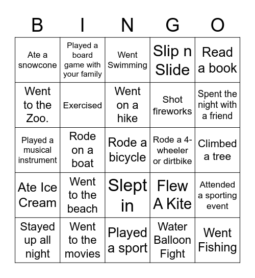 Summer Activities Bingo Card